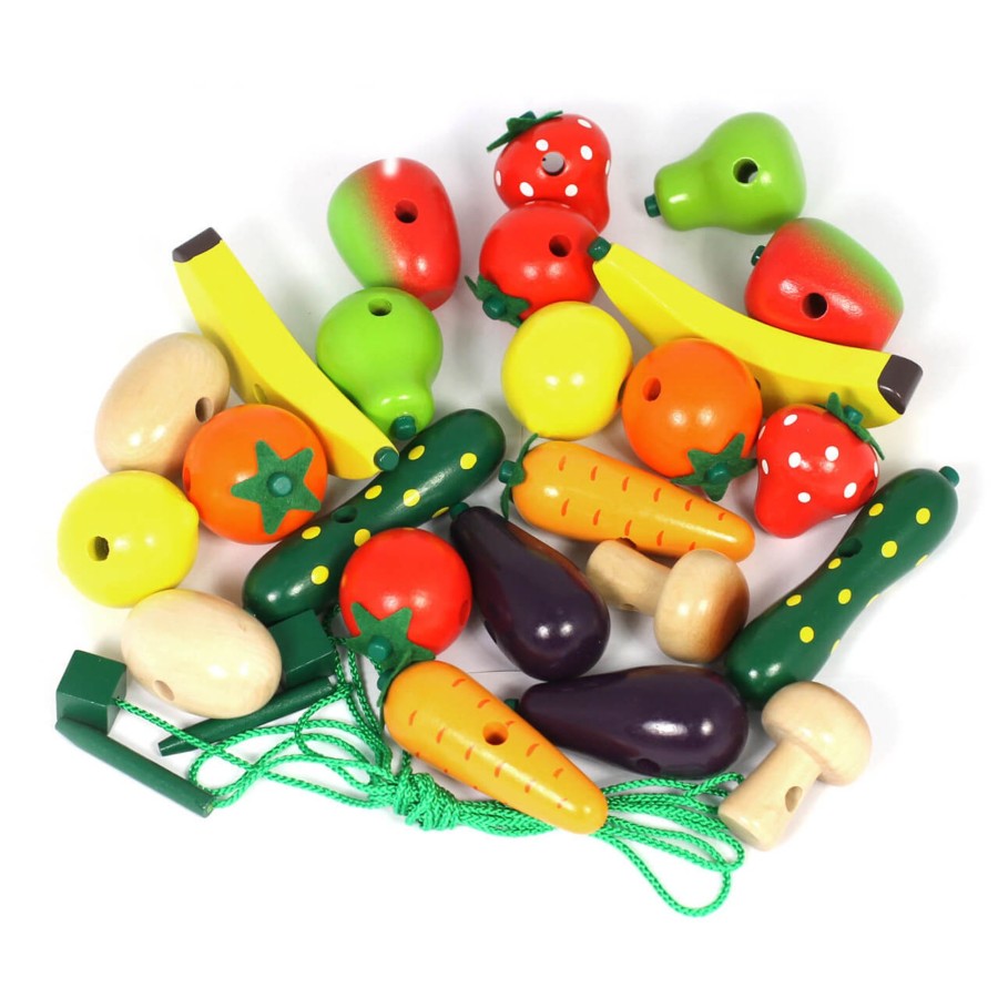 Role-Play Talking Turtle | Wooden Fruit & Veg Threading & Lacing Set - 24Pcs