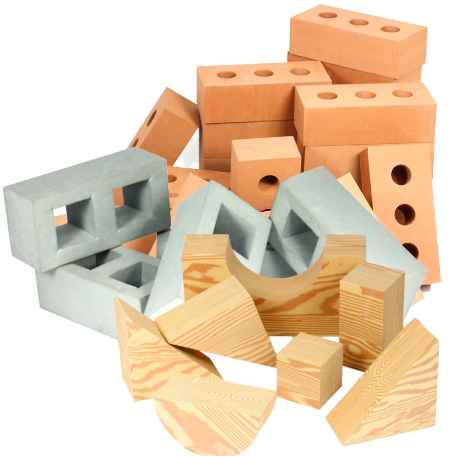 Construction Talking Turtle | Role Play Foam House Bricks Breeze Blocks And Wooden Effect Building Blocks Bundle 77 Pack